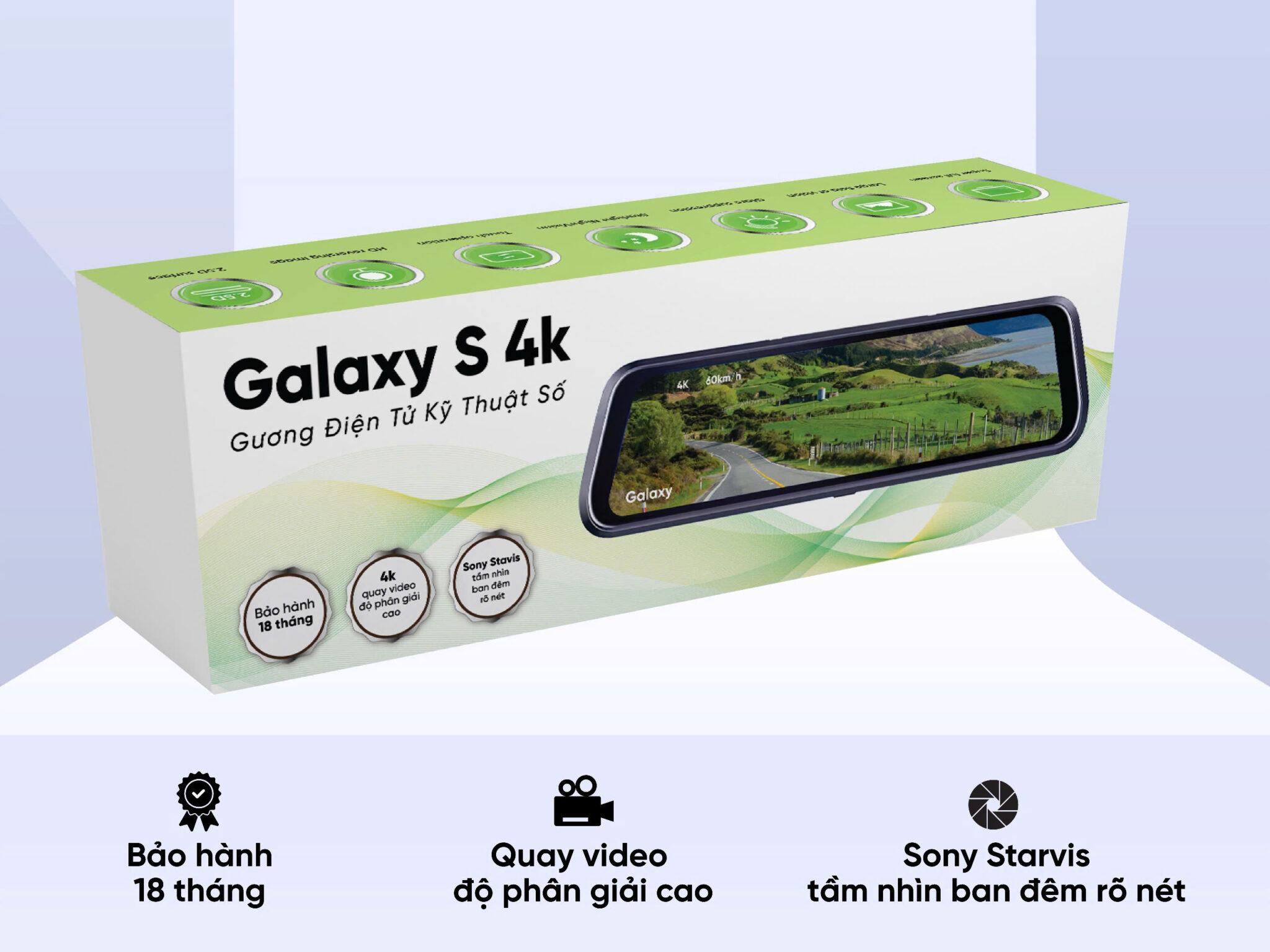 Hình ảnh sản phẩm lắp đặt trên xe với hộp và phụ kiện.