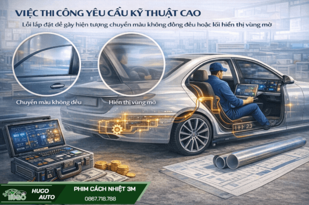 thi công, lắp đặt phim cách nhiệt điện tử an toàn tại hugo auto