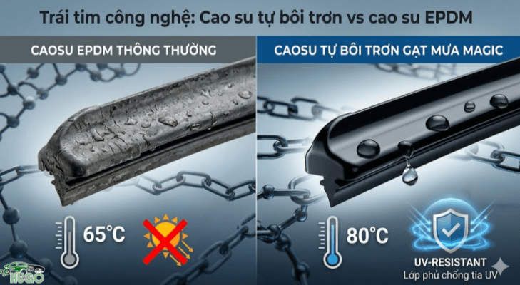 Gạt mưa Magic sử dụng cao su tự bôi trơn, chịu nhiệt 80°C và chống UV tốt hơn cao su EPDM thông thường.