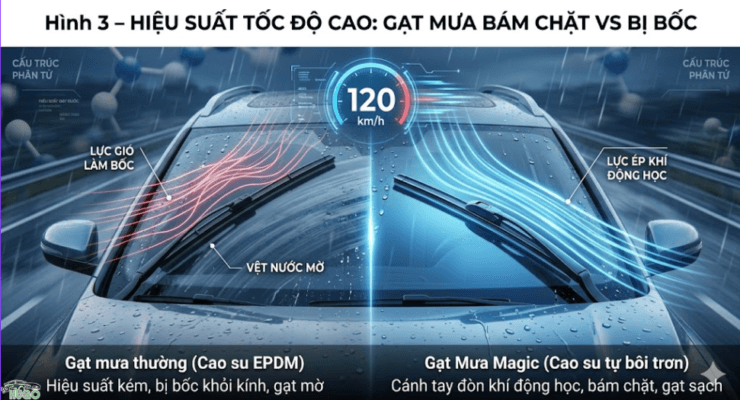 Gạt mưa Magic được thiết kế với lực ép khí động học giúp bám sát kính ngay cả khi xe chạy ở tốc độ cao. Điều này giúp loại bỏ vệt nước mờ và đảm bảo tầm nhìn rõ ràng, trong khi gạt mưa thường dễ bị bốc khỏi kính.