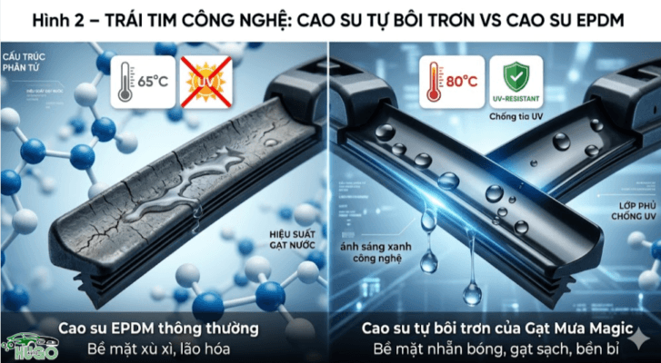 Gạt mưa Magic dùng cao su tự bôi trơn, chống UV và chịu nhiệt 80°C, bền hơn cao su EPDM thường dễ lão hóa ở 65°C.