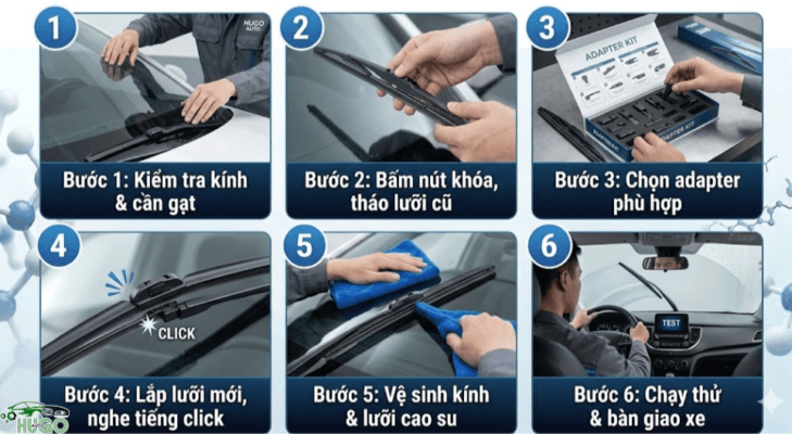 Gạt mưa Magic được thiết kế linh hoạt, dễ dàng lắp đặt chỉ với 6 bước cơ bản từ tháo lưỡi cũ, chọn adapter phù hợp đến kiểm tra vận hành. Quy trình đơn giản giúp người dùng tiết kiệm thời gian và đảm bảo hiệu suất gạt tối ưu.