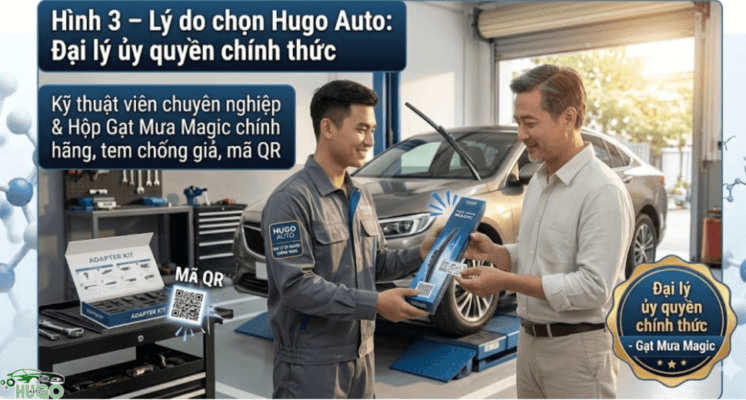 Gạt mưa Magic được phân phối chính hãng tại Hugo Auto với đầy đủ tem chống giả và mã QR xác thực. Đội ngũ kỹ thuật viên chuyên nghiệp hỗ trợ lắp đặt và tư vấn, đảm bảo chất lượng sản phẩm và trải nghiệm khách hàng.