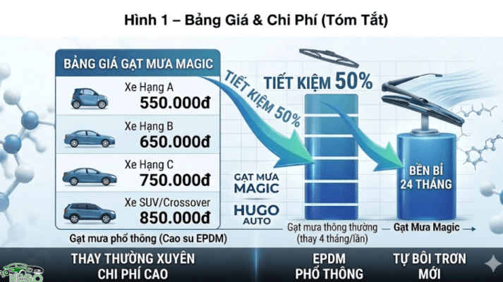 Gạt mưa Magic có mức giá phù hợp theo từng dòng xe, từ 550.000đ đến 850.000đ, mang lại hiệu quả sử dụng lâu dài lên đến 24 tháng. So với gạt mưa thông thường phải thay mỗi 4–6 tháng, sản phẩm giúp tiết kiệm đến 50% chi phí trong dài hạn. Đây là lựa chọn tối ưu cho người dùng muốn cân bằng giữa hiệu suất, độ bền và chi phí sử dụng.
